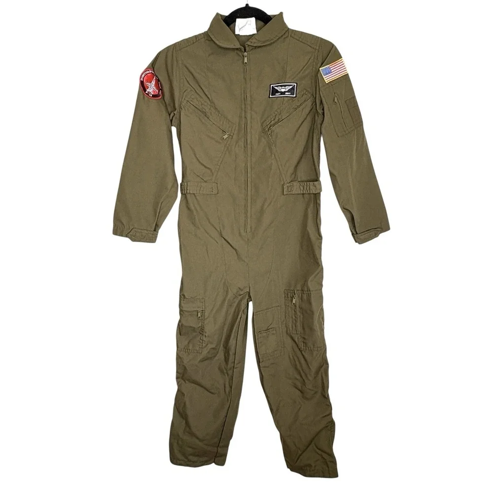 Navy Captain Fighter Pilot Jumpsuit Halloween Costume Kids Large Top Gun Green